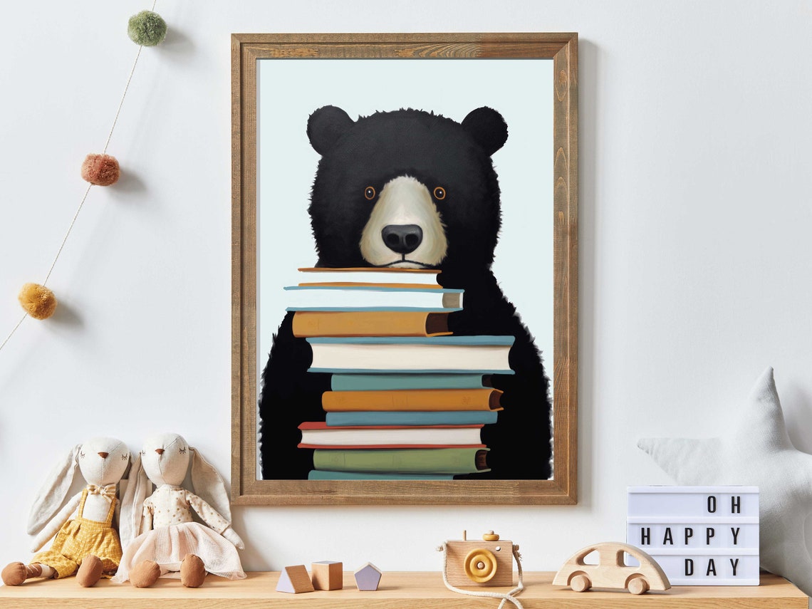 Black Bear Holding a Tall Stack of Books Reading Corner Poster