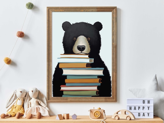 Black Bear Holding a Tall Stack of Books Reading Corner Poster