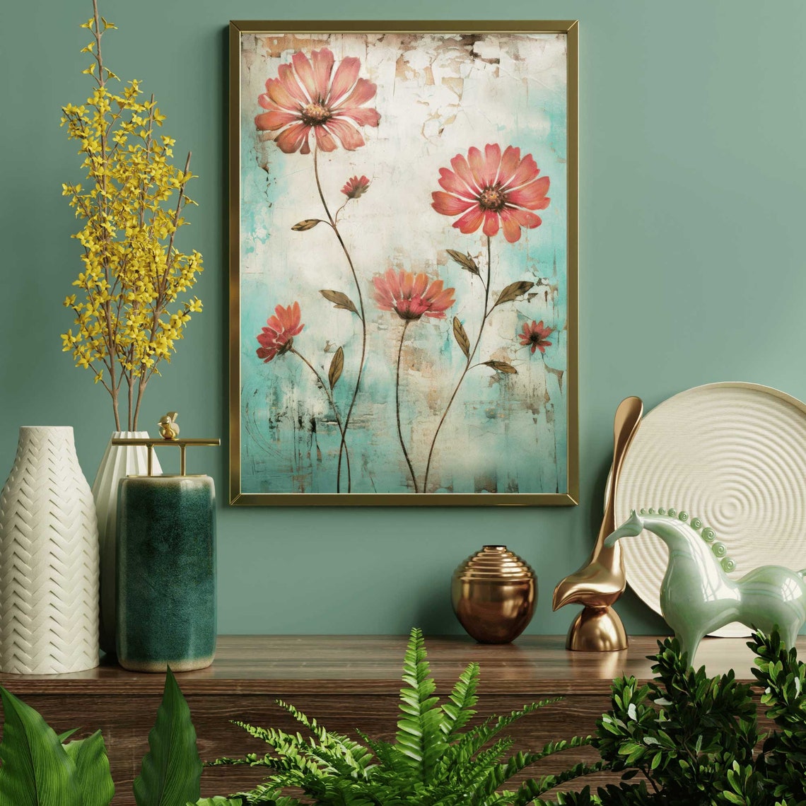 Coral Daisy Wildflower Art on Distressed Teal Vintage Style Poster - Image 2