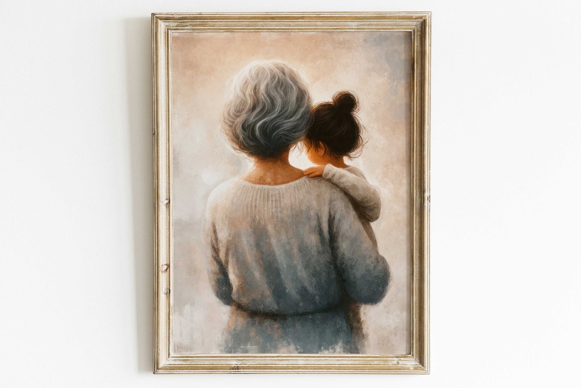 Grandmother And Granddaughter Wall Art Grandma Gift Grandchildren Wall Art Grandmother Portrait Grandmother Painting Art