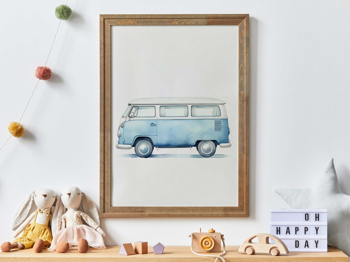 Retro Blue Camper Van Watercolor Art Boys Nursery Wall Poster