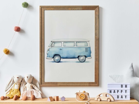 Retro Blue Camper Van Watercolor Art Boys Nursery Wall Poster