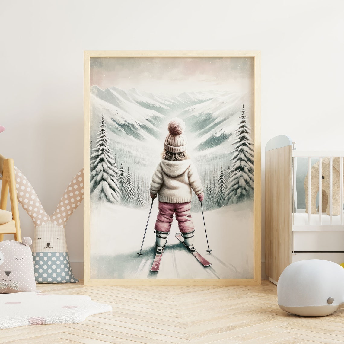 Little Girl Skier Gliding Down Snowy Mountain Vintage Winter Poster - Image 2