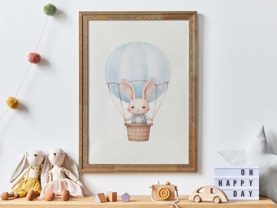 Cute Bunny in a Blue Hot Air Balloon Watercolor Nursery Poster