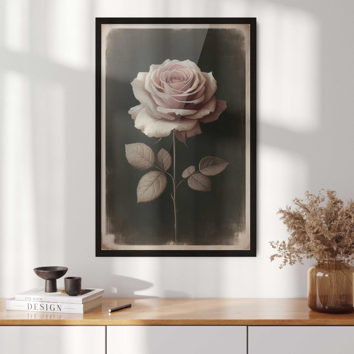 Blush Pink Rose Bloom on Black Dramatic Floral Wall Art for Bedroom - Image 2
