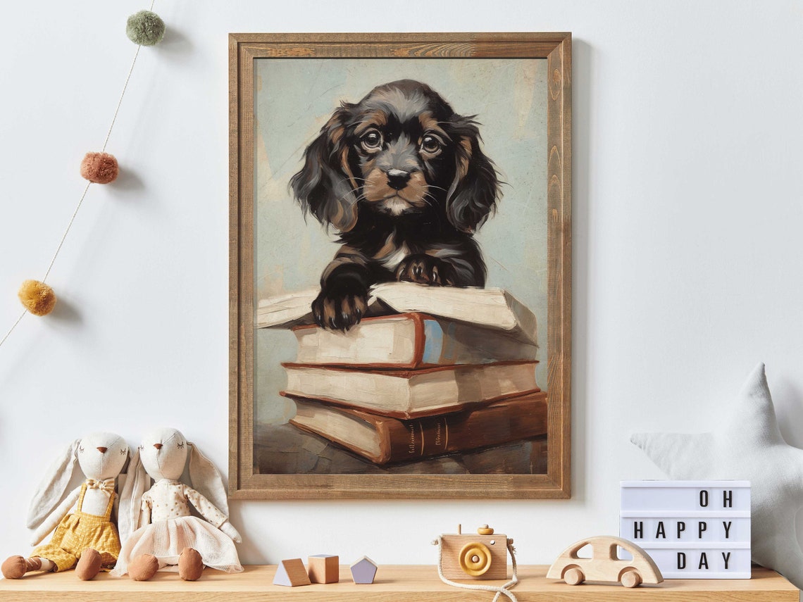 Sweet Black and Tan Puppy Resting on a Stack of Old Books Poster
