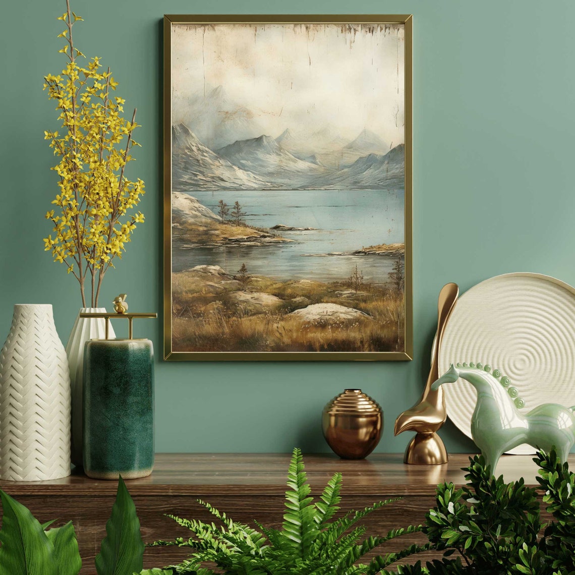 Misty Mountain Lake Vintage Landscape Painting Rustic Wall Art - Image 2