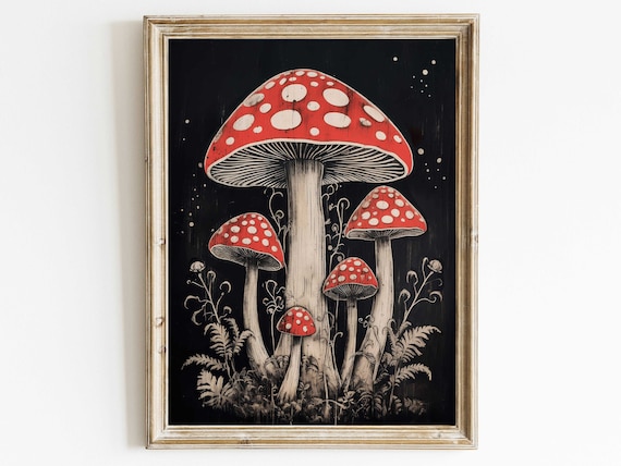Red Fly Agaric Mushrooms on a Black Vintage Botanical Poster