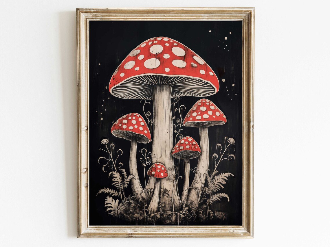 Red Fly Agaric Mushrooms on a Black Vintage Botanical Poster