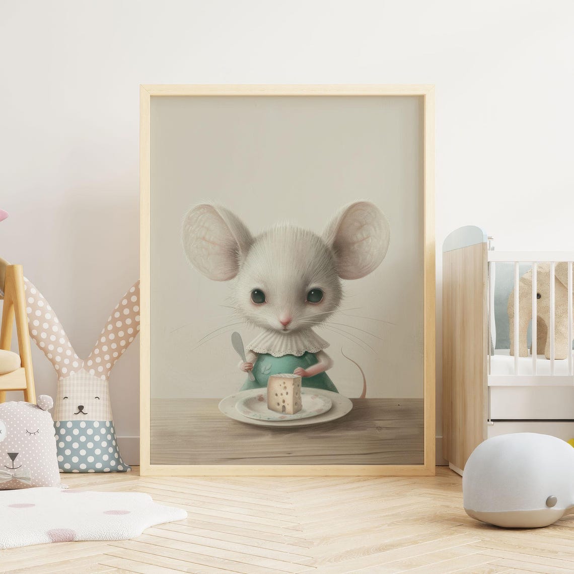 Whimsical White Mouse Eating Cheese Vintage Nursery Art Poster - Image 2