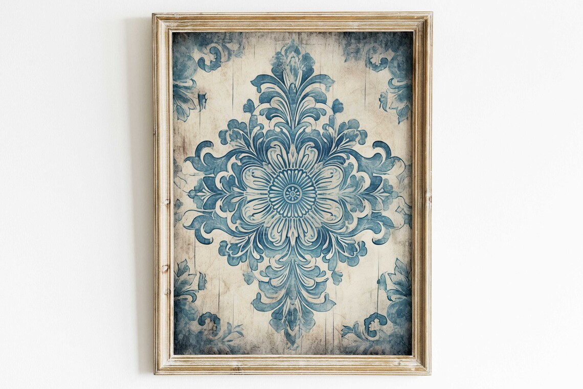 Blue Ornamental Damask Floral On Antique Wood Vintage Farmhouse Print