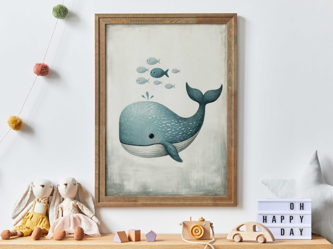 Smiling Blue Whale With Little Fish Sweet Ocean Nursery Poster