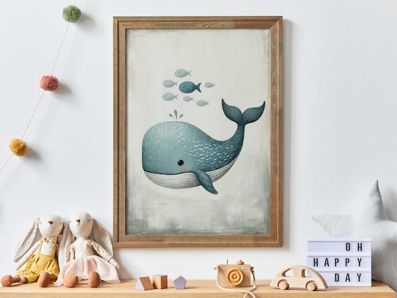 Smiling Blue Whale With Little Fish Sweet Ocean Nursery Poster