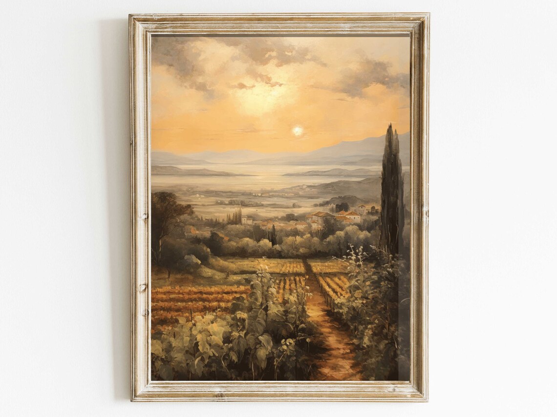 Vineyard Landscape Painting, Italian Rustic Art Print