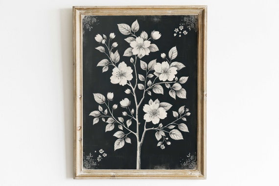 Black Floral Print, Farmhouse Botanical Art