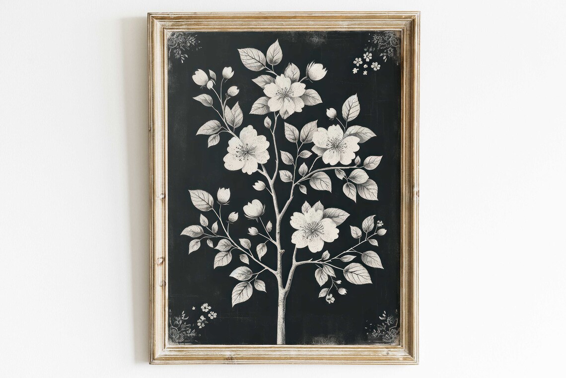 Black Floral Print, Farmhouse Botanical Art