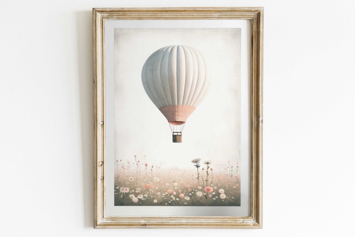 Vintage Hot Air Balloon Poster Drifting Over a Soft Wildflower Meadow - Image 3