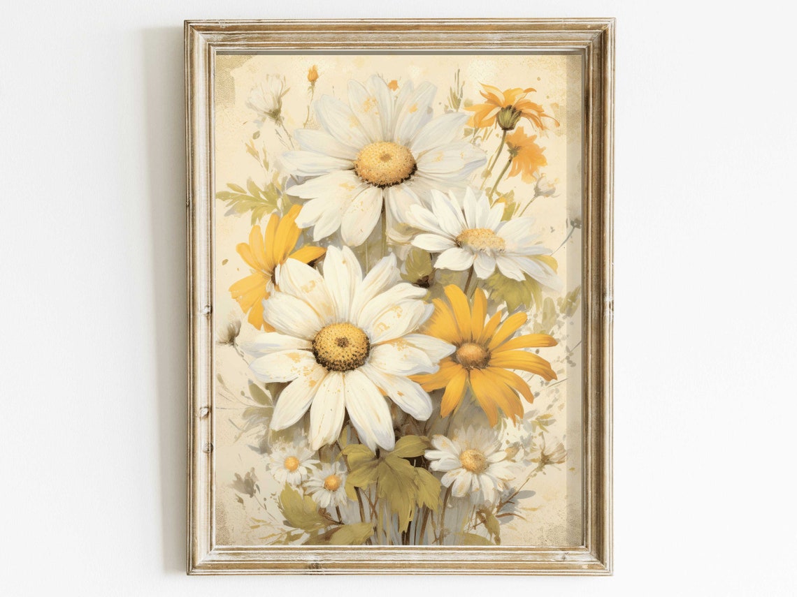 White Daisies and Golden Yellow Blooms Rustic Botanical Poster