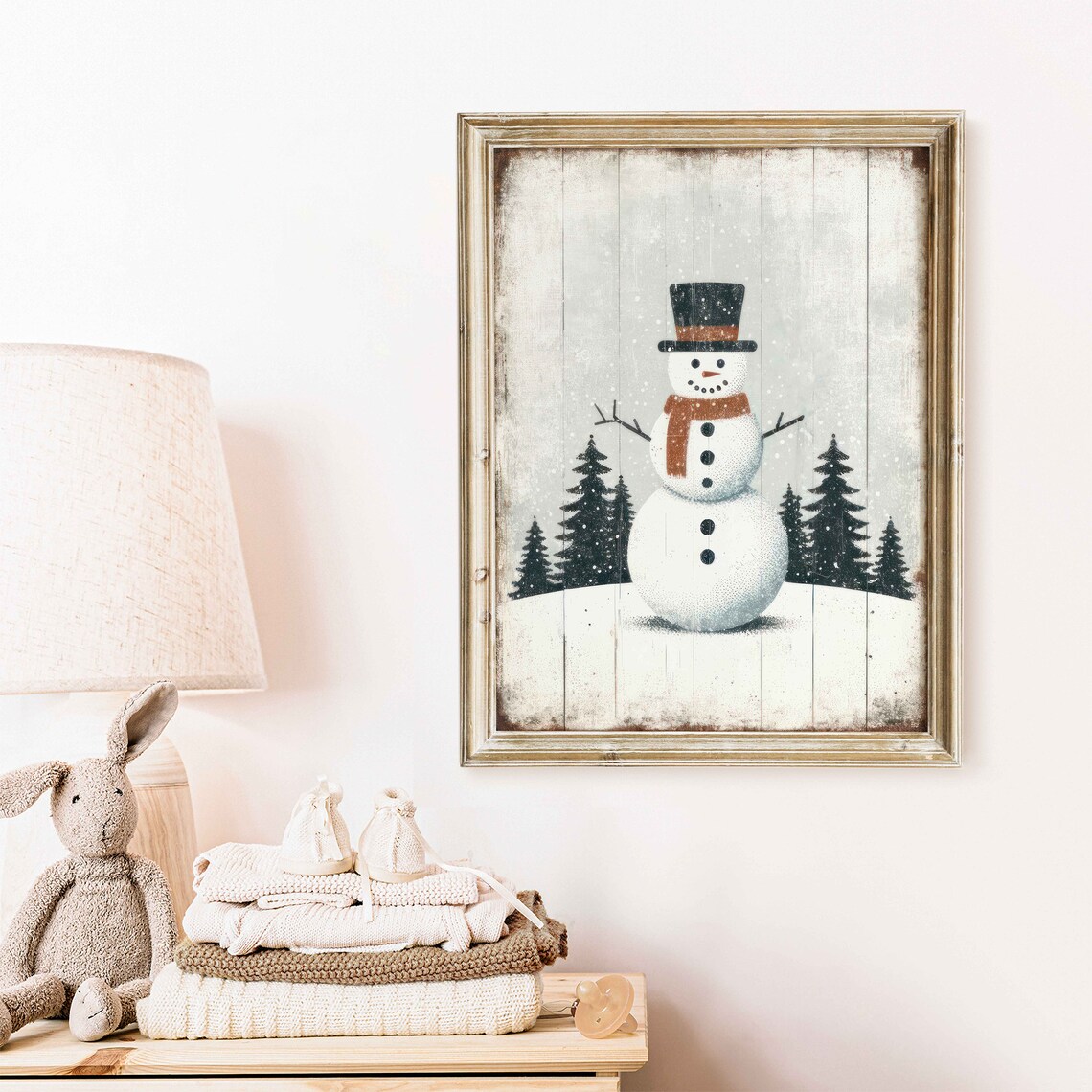 Jolly Snowman in Snowy Pine Forest Christmas Kids Room Poster - Image 2