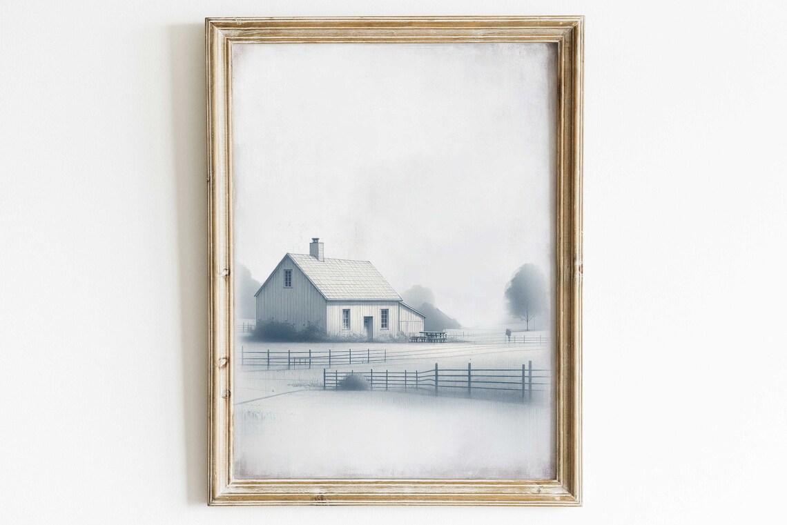 White Farmhouse Barn in the Fog with a Fenced Pasture Poster