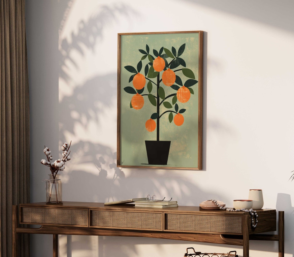 Potted Orange Tree Retro Flat Illustration Sage Green Poster