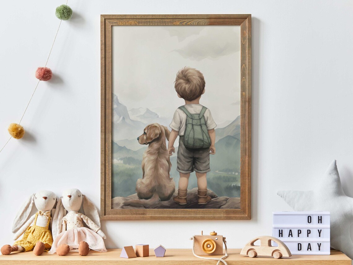 Boy and Golden Retriever Mountain Adventure Nursery Wall Art