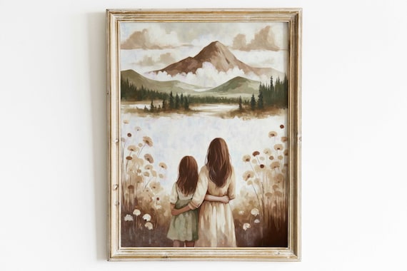 Mother And Daughter Watching Mountain Lake In Wildflower Field Art Print