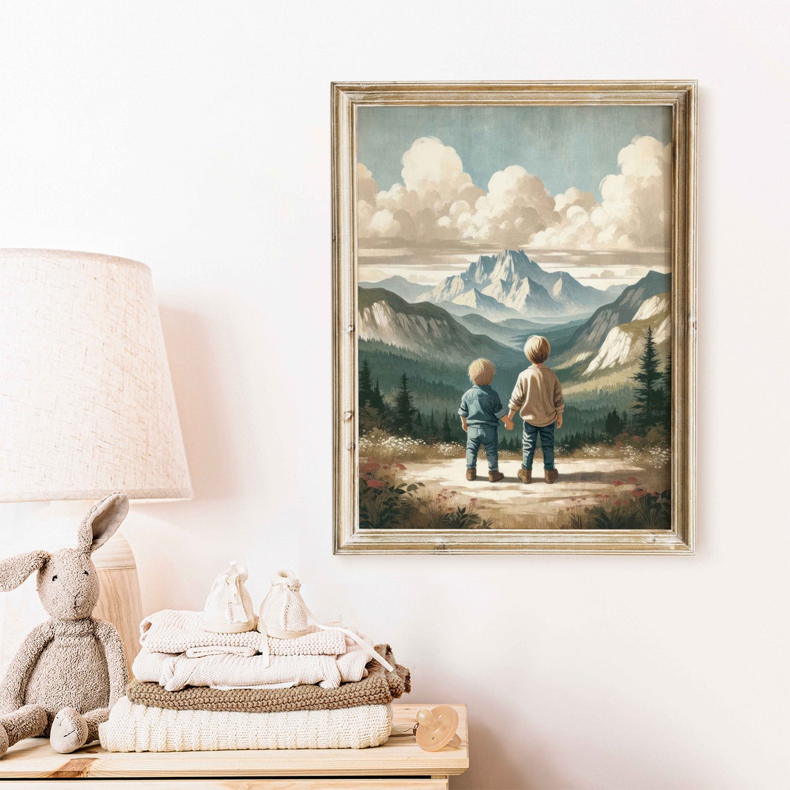 Two Boys Holding Hands Overlooking Mountain Valley Art Poster - Image 2