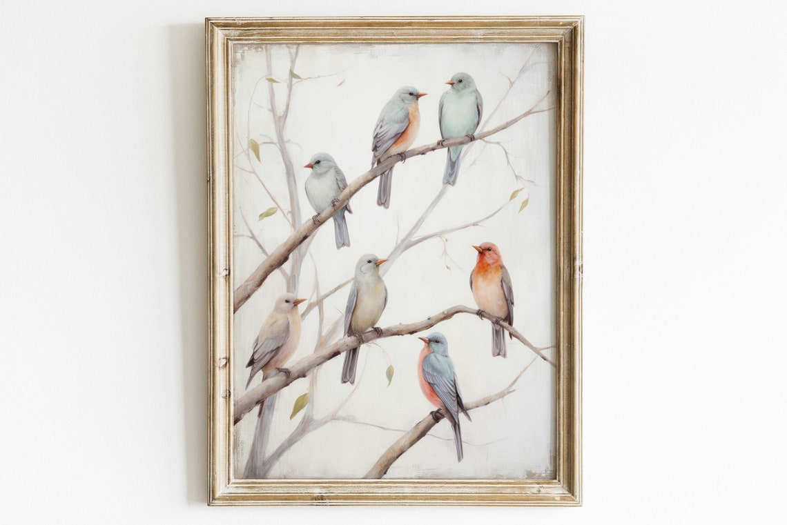 Six Songbirds Perched on Branches Soft Pastel Watercolor Wall Poster - Image 2