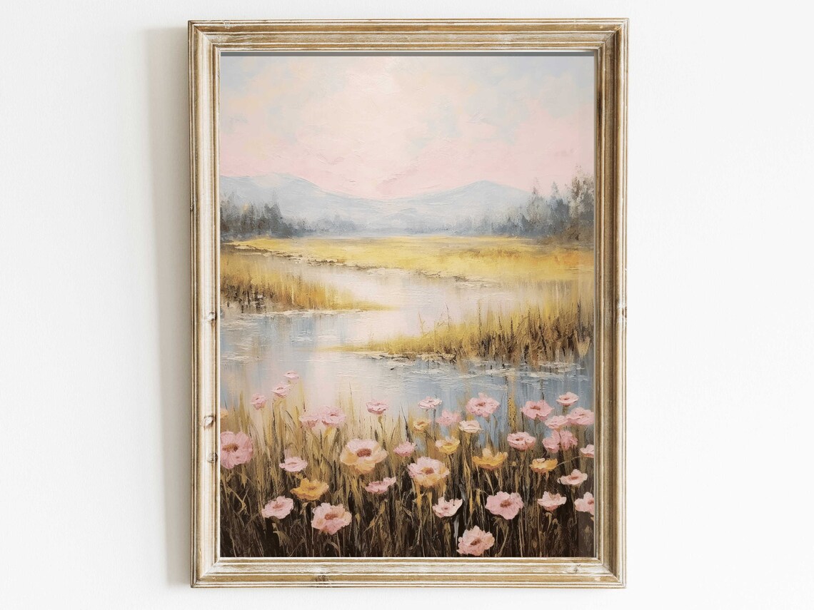 Pastel Wildflower Meadow Beside a Misty Mountain Lake Poster