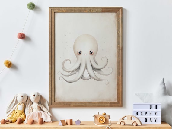 Cute White Octopus With Big Eyes Sweet Ocean Nursery Art Poster