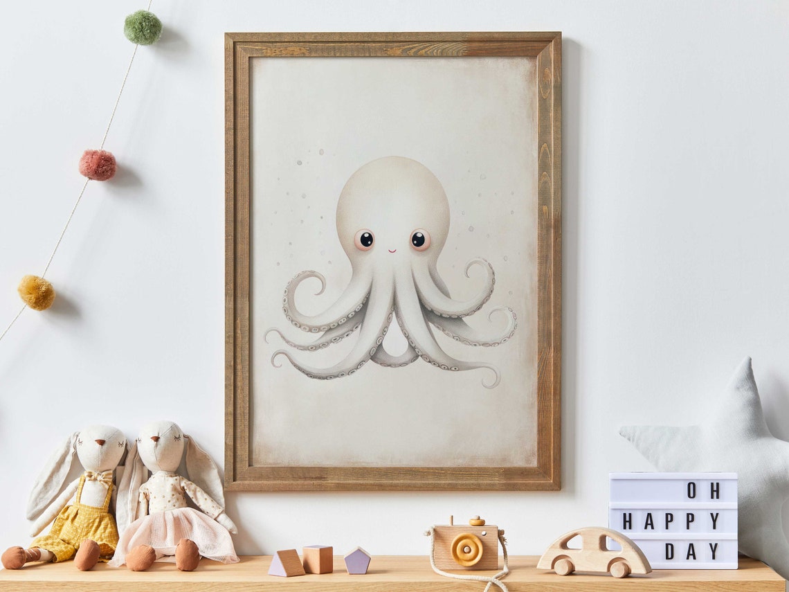 Cute White Octopus With Big Eyes Sweet Ocean Nursery Art Poster