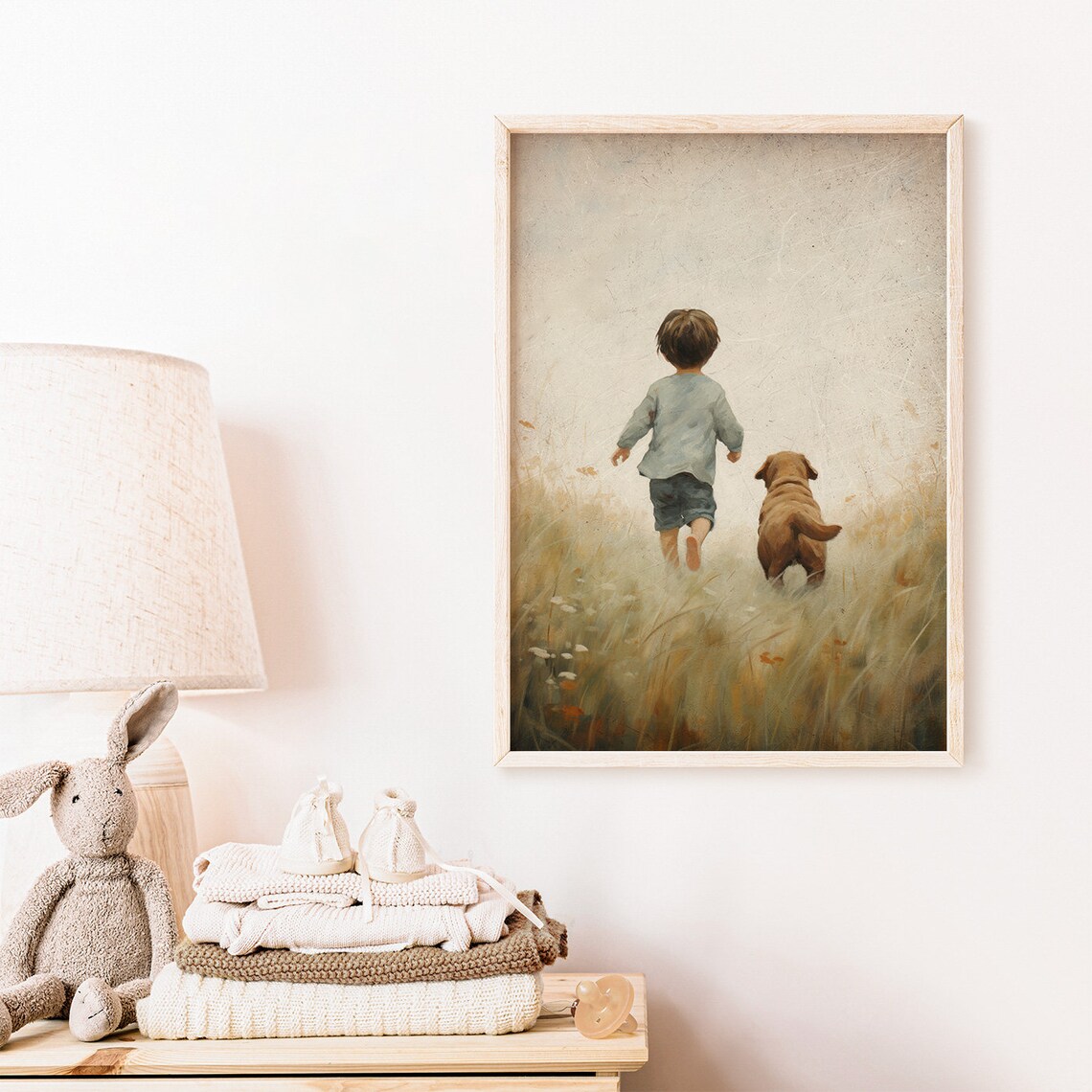 Boy Running with Labrador Puppy in Meadow Nursery Art Poster - Image 2