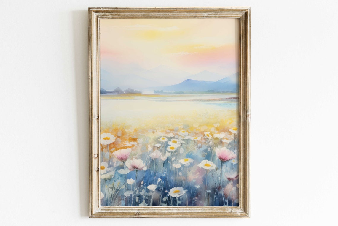 Tranquil Daisy Field Wildflowers Watercolor Sunrise Landscape Poster
