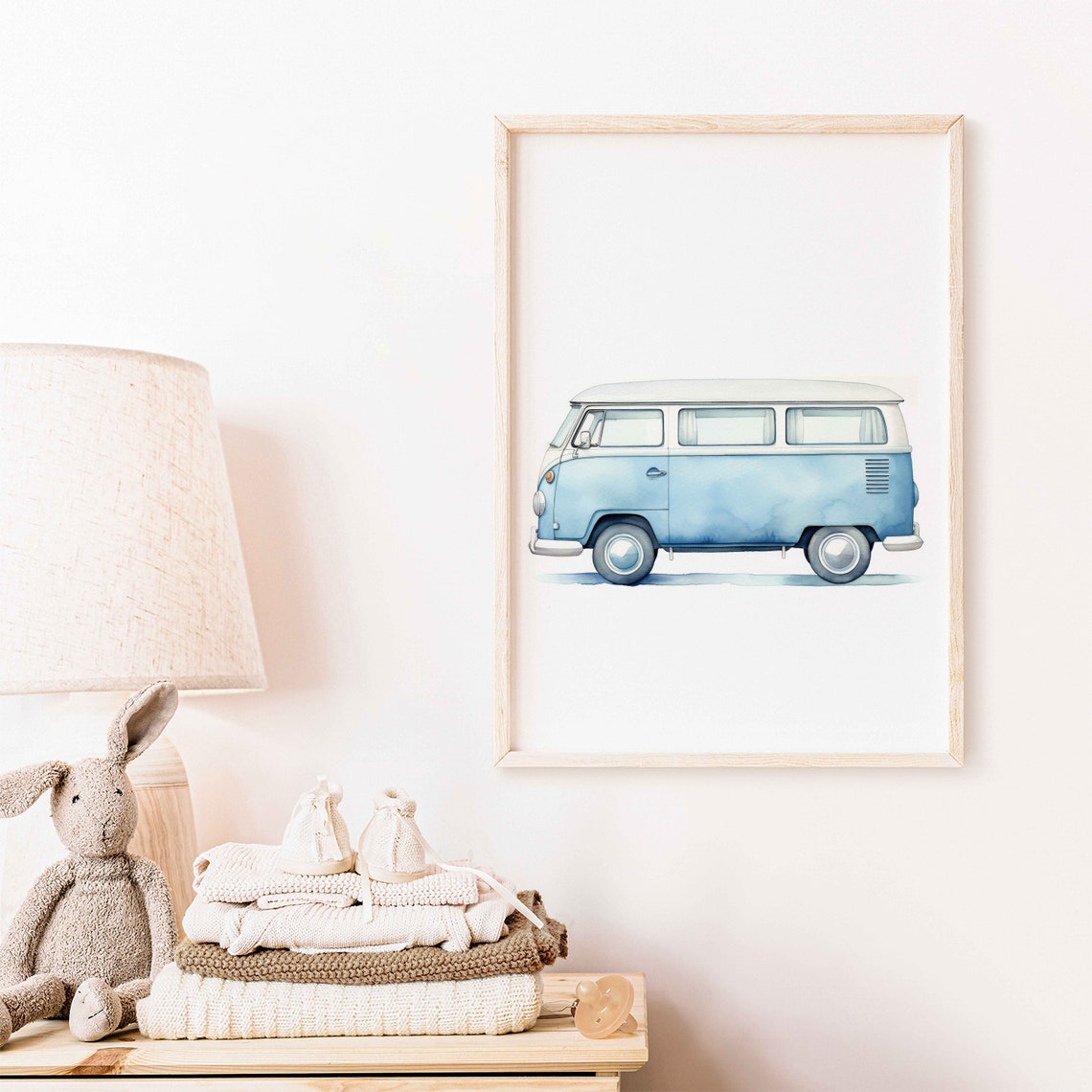 Retro Blue Camper Van Watercolor Art Boys Nursery Wall Poster - Image 2