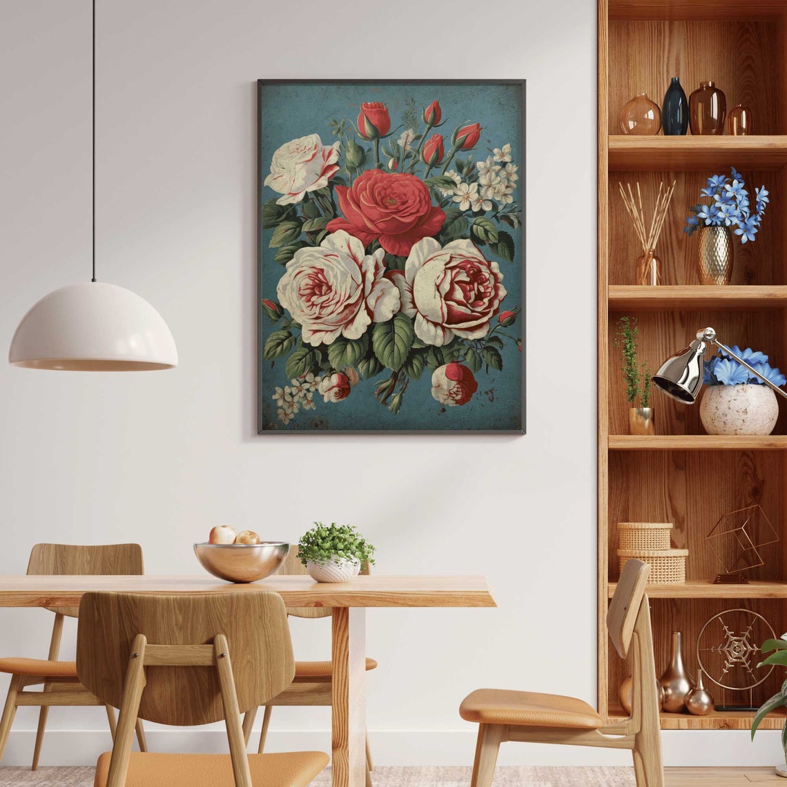 Classic Vintage Red And White Rose Bouquet On Dark Blue Poster - Image 2