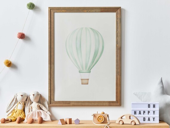 Mint Green Striped Hot Air Balloon Pastel Nursery Wall Decor Poster