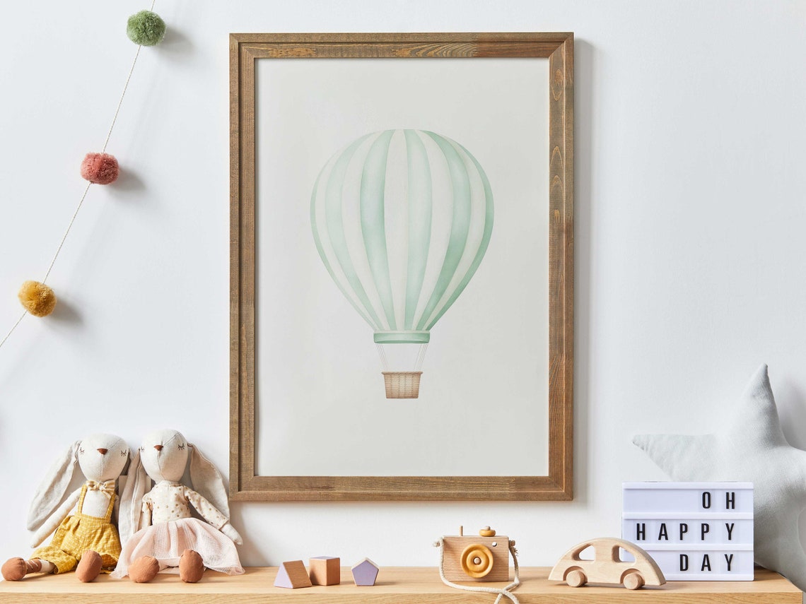 Mint Green Striped Hot Air Balloon Pastel Nursery Wall Decor Poster
