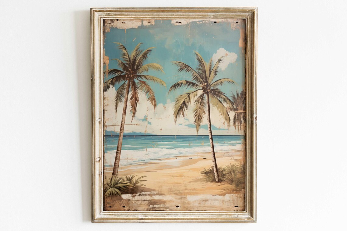 Tropical Beach Painting Beach Wall Art Vintage Beach Print Palm Tree Art Print Rustic Home Decor Ocean Wall Decor - Image 3