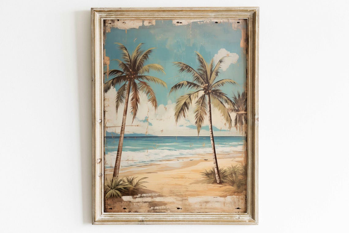 Tropical Palm Tree Beach with Turquoise Sea Vintage Art Poster - Image 3