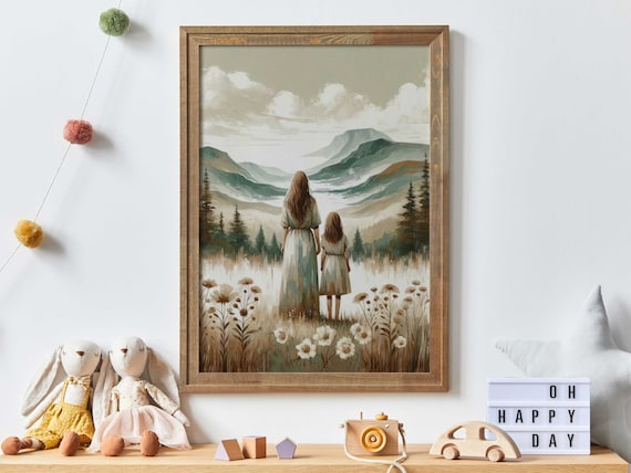 Mother and Daughter Gazing Over Misty Mountain Valley Poster