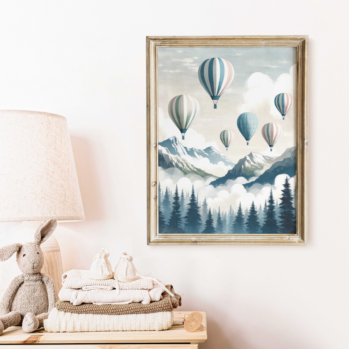 Pastel Hot Air Balloons Floating Over Snowy Mountain Peaks Poster - Image 2