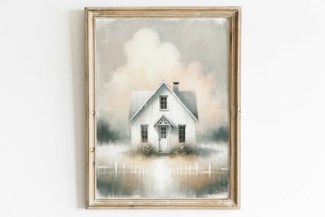 White Country House in Morning Fog Rustic Farmhouse Art Poster