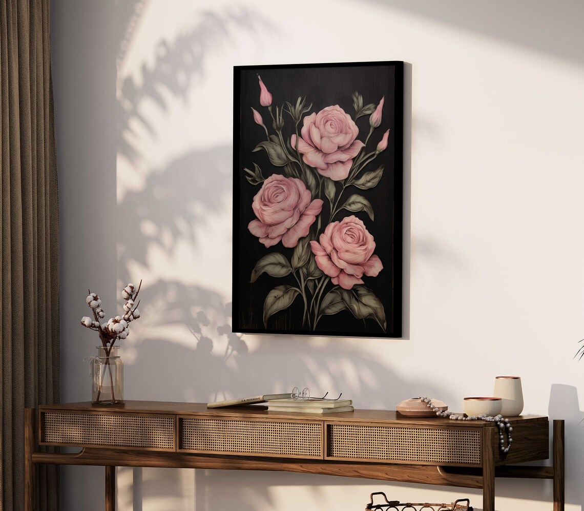 Vintage Pink Rose Floral Art Print, Farmhouse Decor - Image 2