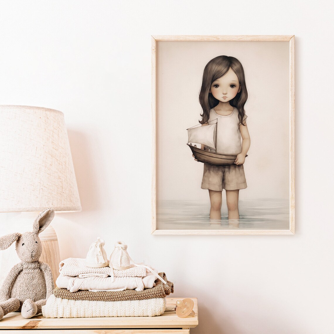 Little Girl Holding A Toy Sailboat Standing In Shallow Water Nursery Print - Image 2