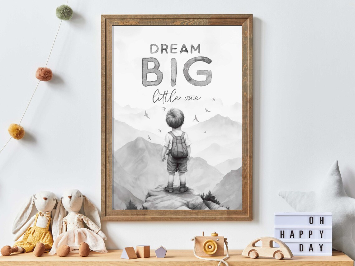 Dream Big Little One Boy Standing on Mountain Peak Adventure Poster