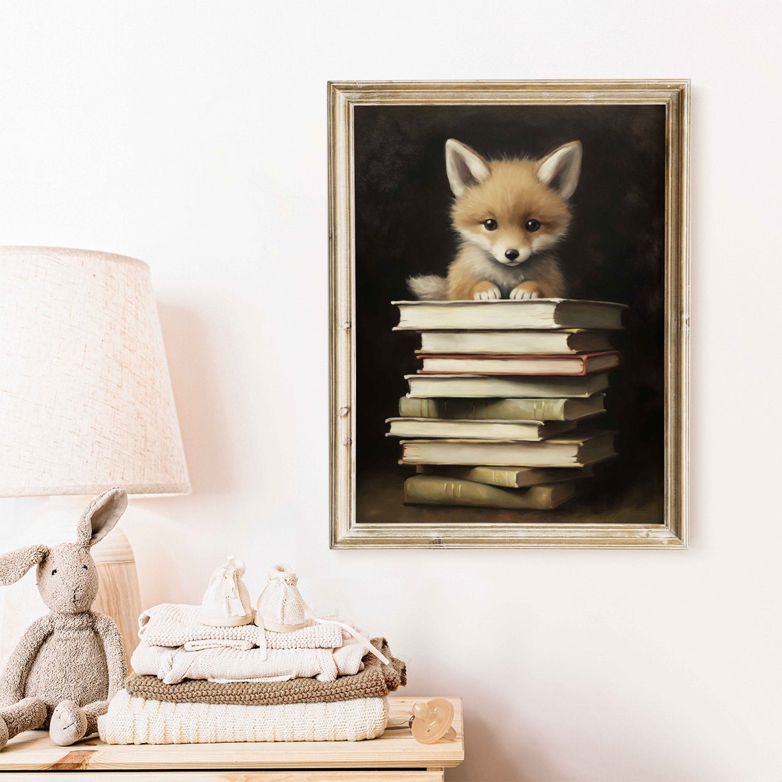 Adorable Fox Kit Peeking Over a Tall Stack of Vintage Books Poster - Image 2