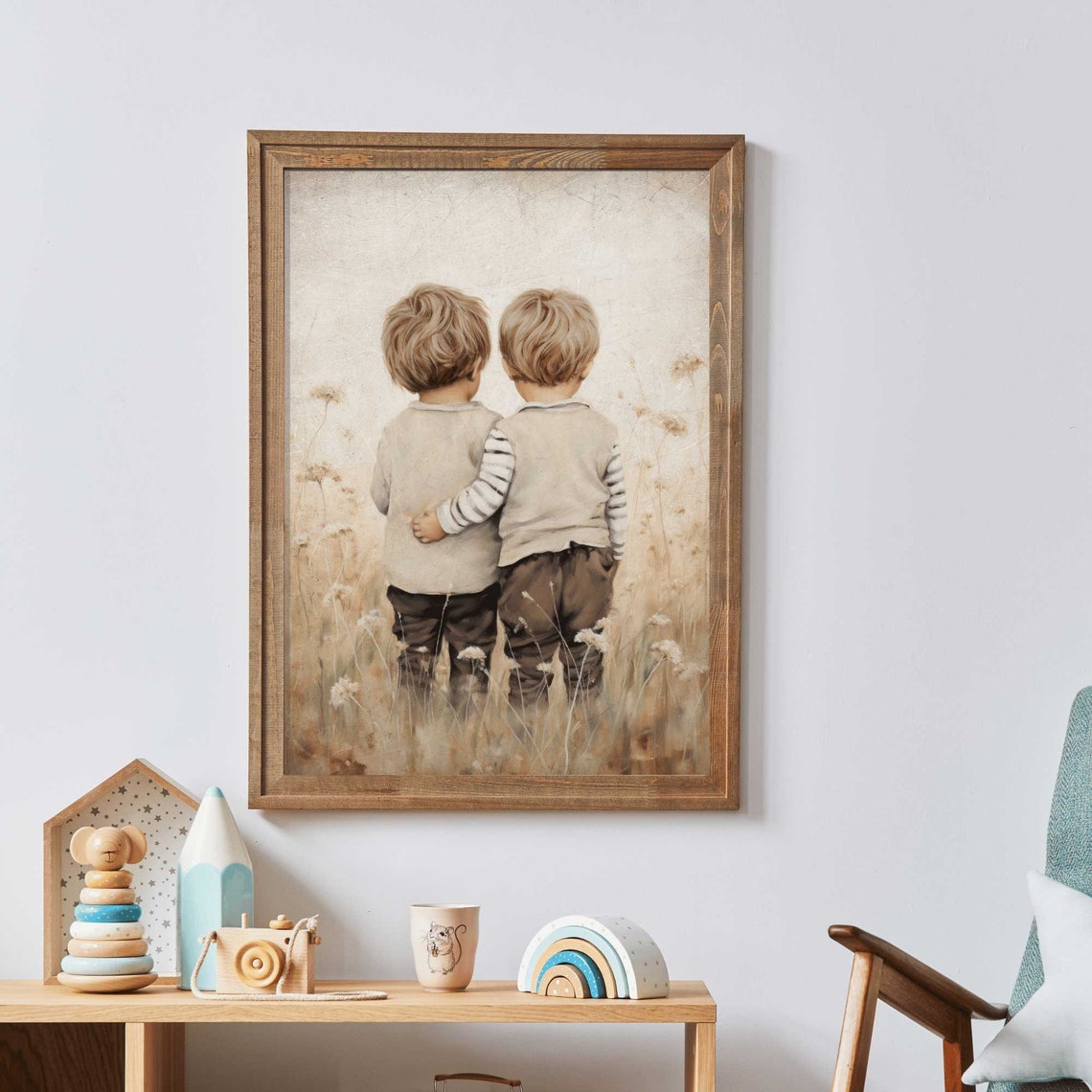 Twin Brothers Arm in Arm in Wheat Field Rustic Nursery Poster - Image 2