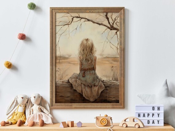 Little Girl on a Fallen Log Under Bare Branches by the Lake Poster