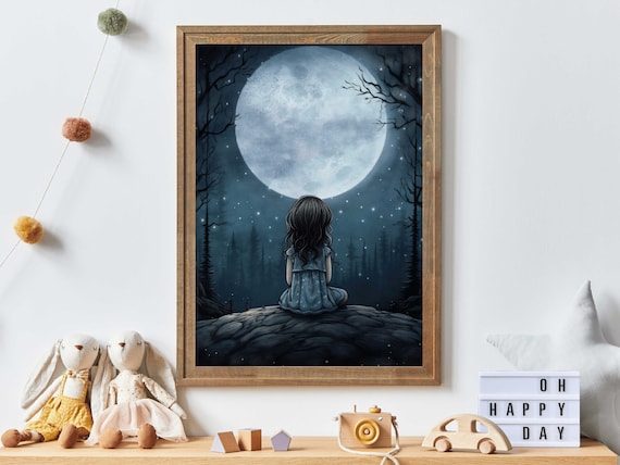 Girl Gazing at Glowing Full Moon in Starry Night Forest Poster